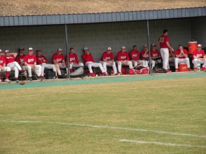 The Pride look on from the dugout during a doubleheader against Potomac State on March 7.