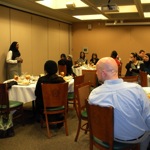 Club president Amirah Al-Gaheem speaks to students, staff and faculty gathered for the second annual Muslim Student Association Welcome Luncheon on Oct. 29.  “That’s one of the goals of the MSA—to bring people together in an event that’s comfortable for everyone,” she said.